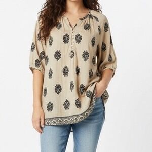 Unixseque  Boho Damask Print Women Sz XL Tunic Blouse Tan Black Rayon Blend Top